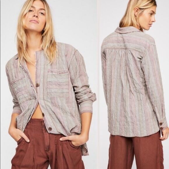 Free People Striped Button Down High Tide  Top (L) - Picture 1 of 12